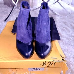 Fendi Tronchetto Navy Leather and Blue Suede Ankle Booties